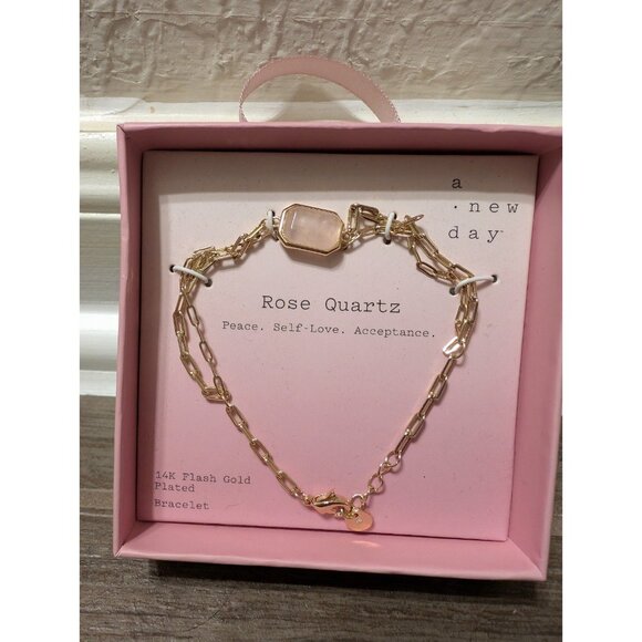 NIB Pink Rose Quartz & Gold Pendant Cable Chain Costume Bracelet - Picture 1 of 3